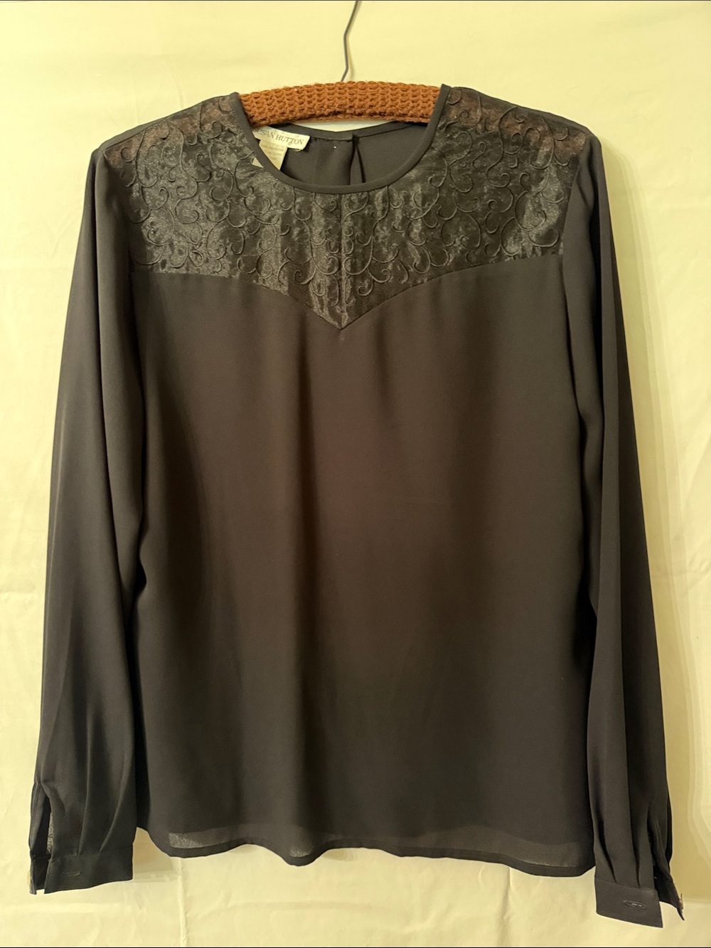 Black Long-Sleeve Blouse with Embroidered Yoke by Susan Hutton